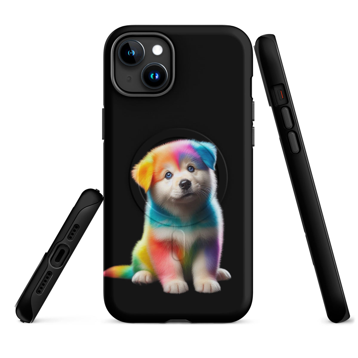 Magnetic Phone Case with rainbow puppy design on iPhone, cosmic night theme, colorful and protective accessory