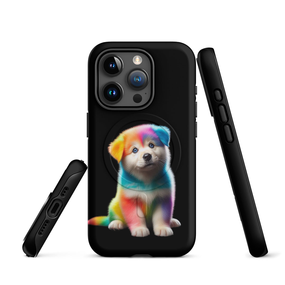 Magnetic Phone Case with rainbow puppy design for iPhone showcasing cosmic sparkle and night sky.