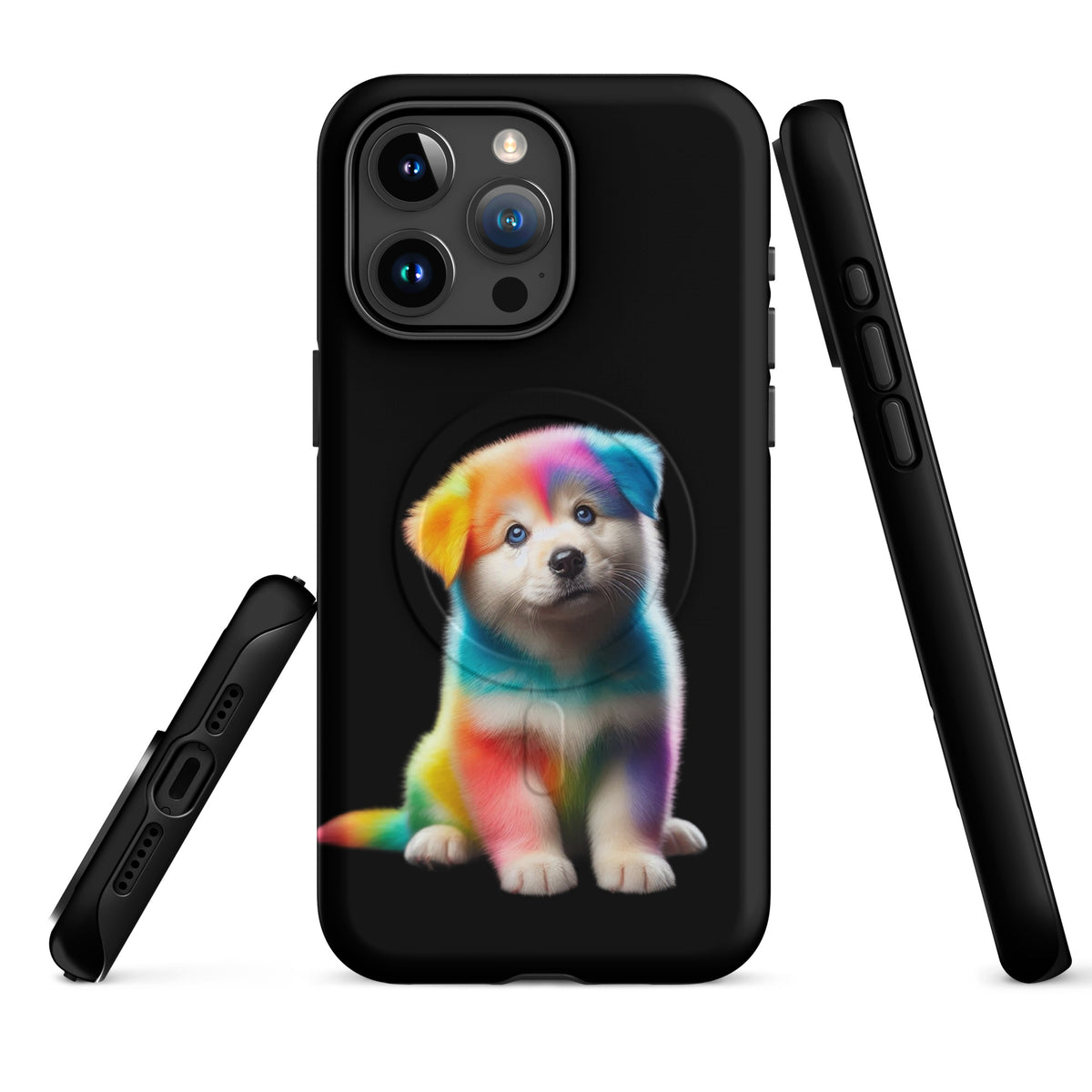 Magnetic Phone Case with rainbow puppy design on dark night sky background, blends fantasy art and protection for iPhone.