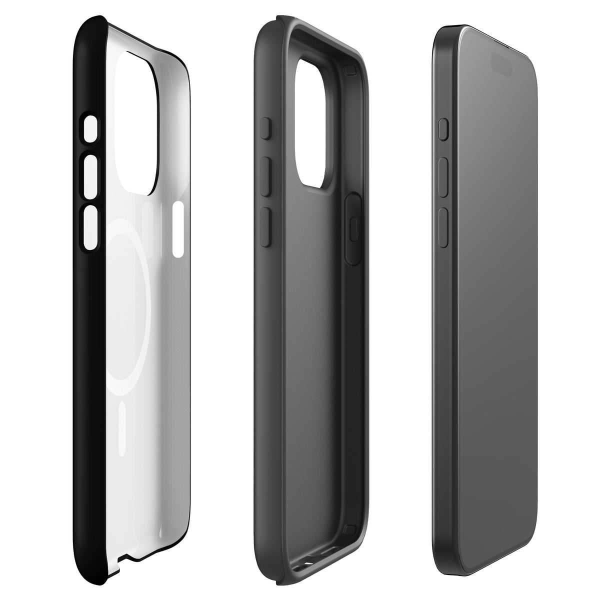 Magnetic Phone Case for iPhone with rainbow puppy design and cosmic night sky, shown in three angles for stylish protection.