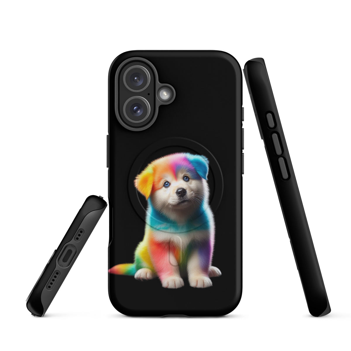 Magnetic Phone Case with rainbow puppy design; adds color and style while protecting iPhone.
