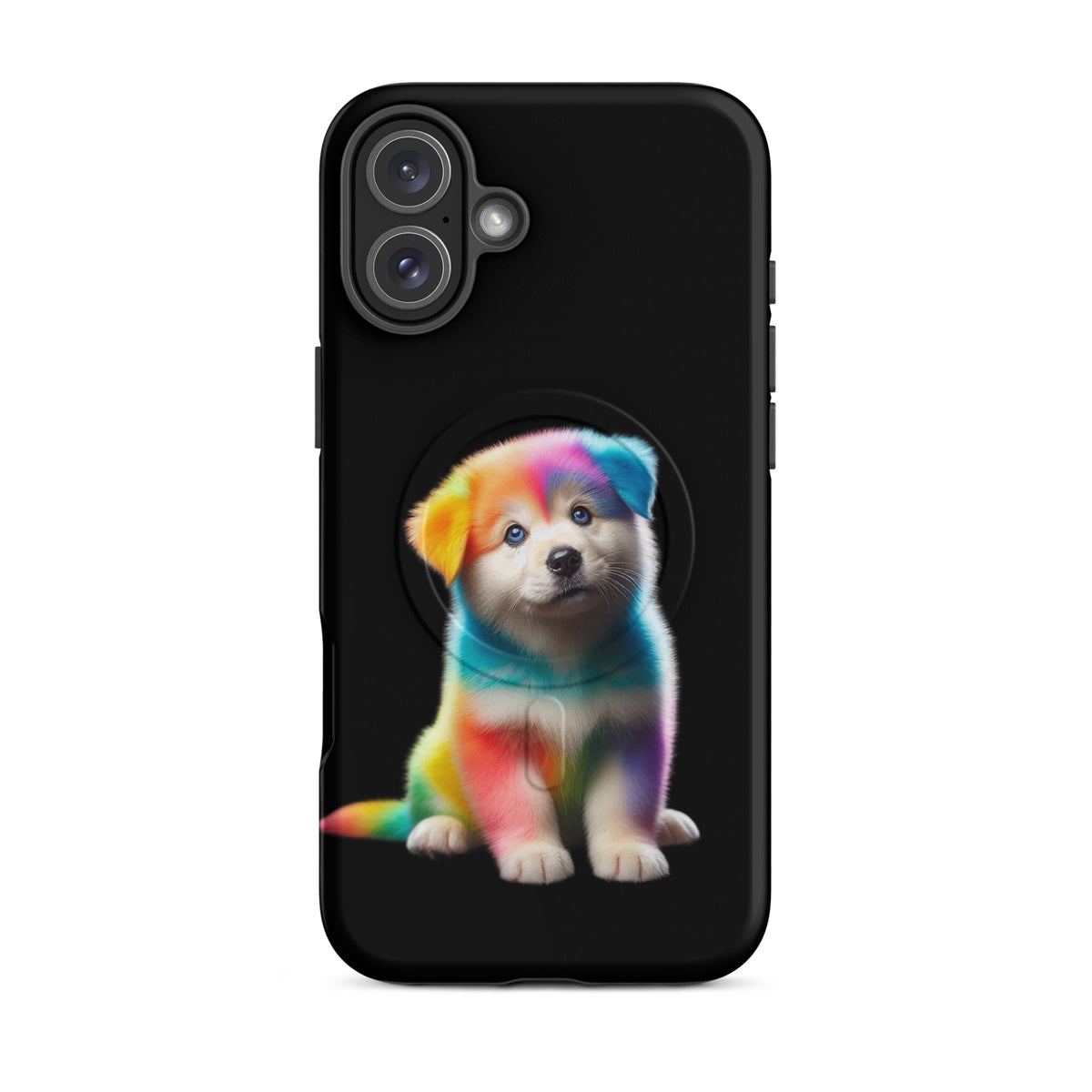 Magnetic Phone Case with rainbow puppy design and dark night sky for iPhone, combining colorful art and device protection.