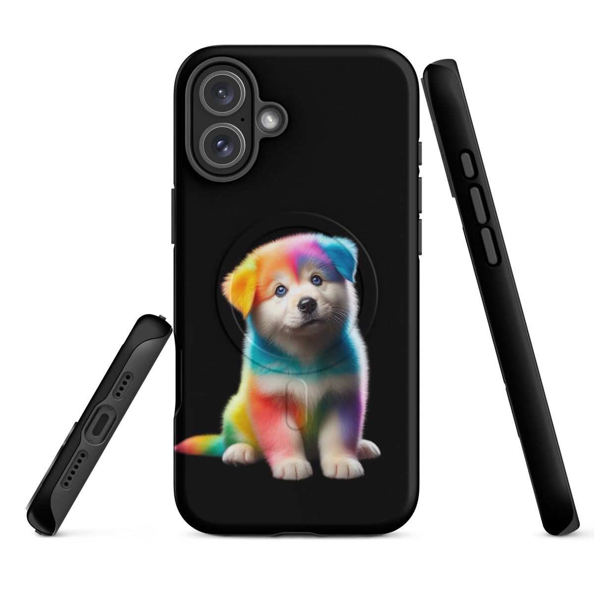 Magnetic Phone Case featuring a rainbow puppy design against a starry night sky, blending vibrant art with protective function for iPhone.