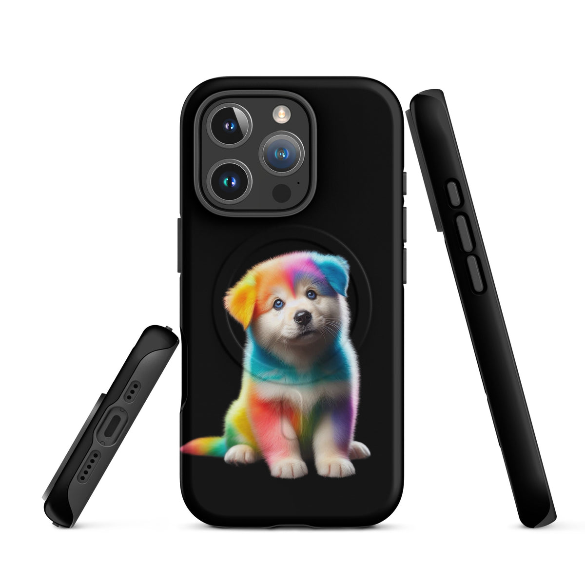 Magnetic Phone Case for iPhone featuring a colorful rainbow puppy design on a dark night sky, blending vibrant art with strong device protection.