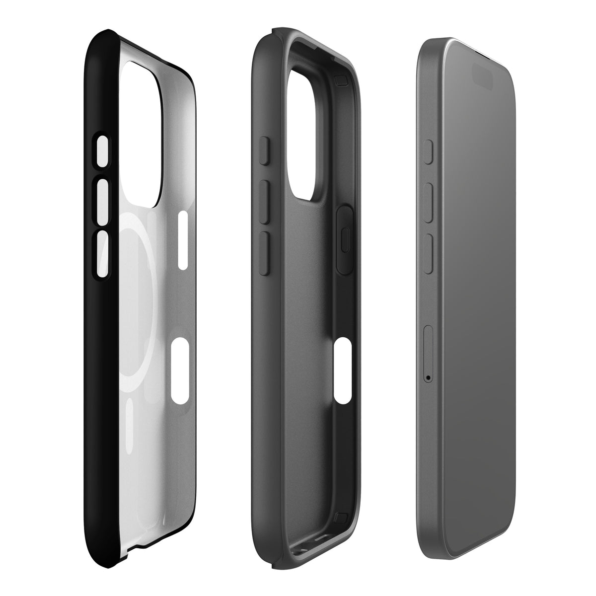 Three views of a Magnetic Phone Case for iPhone in black, showcasing design and protective features.