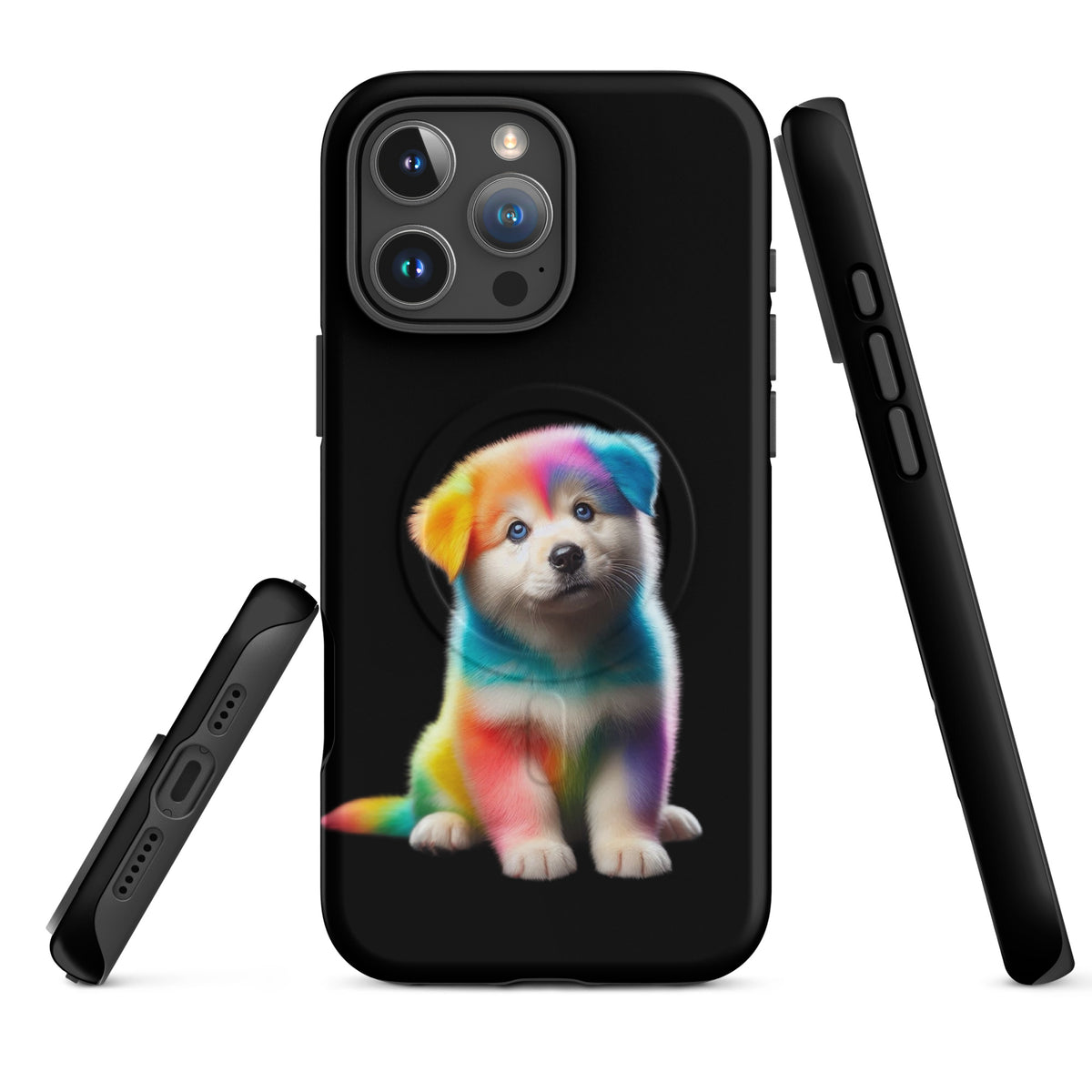 Magnetic Phone Case with rainbow puppy design on dark night sky for iPhone, showcasing vibrant colors and cosmic sparkle.