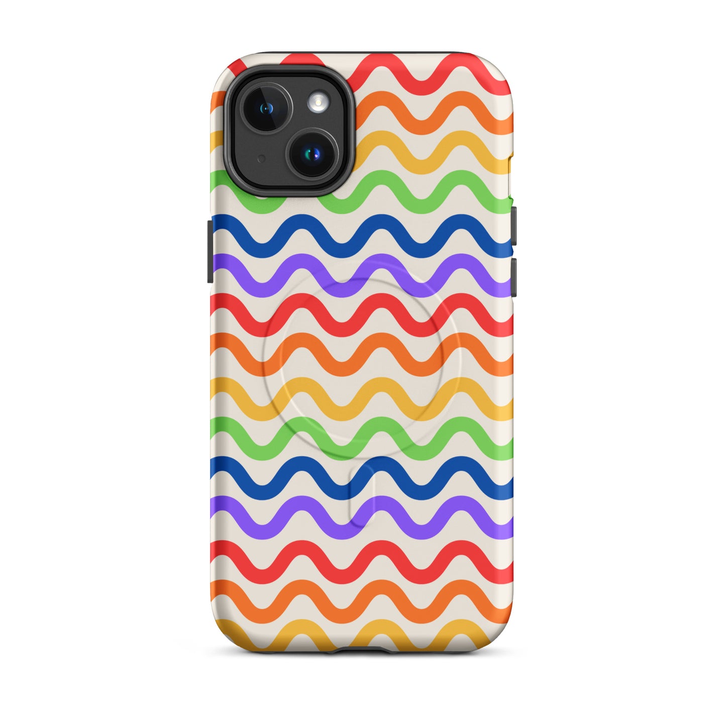 Colorful wavy rainbow magnetic phone case for iPhone with vibrant grooves.