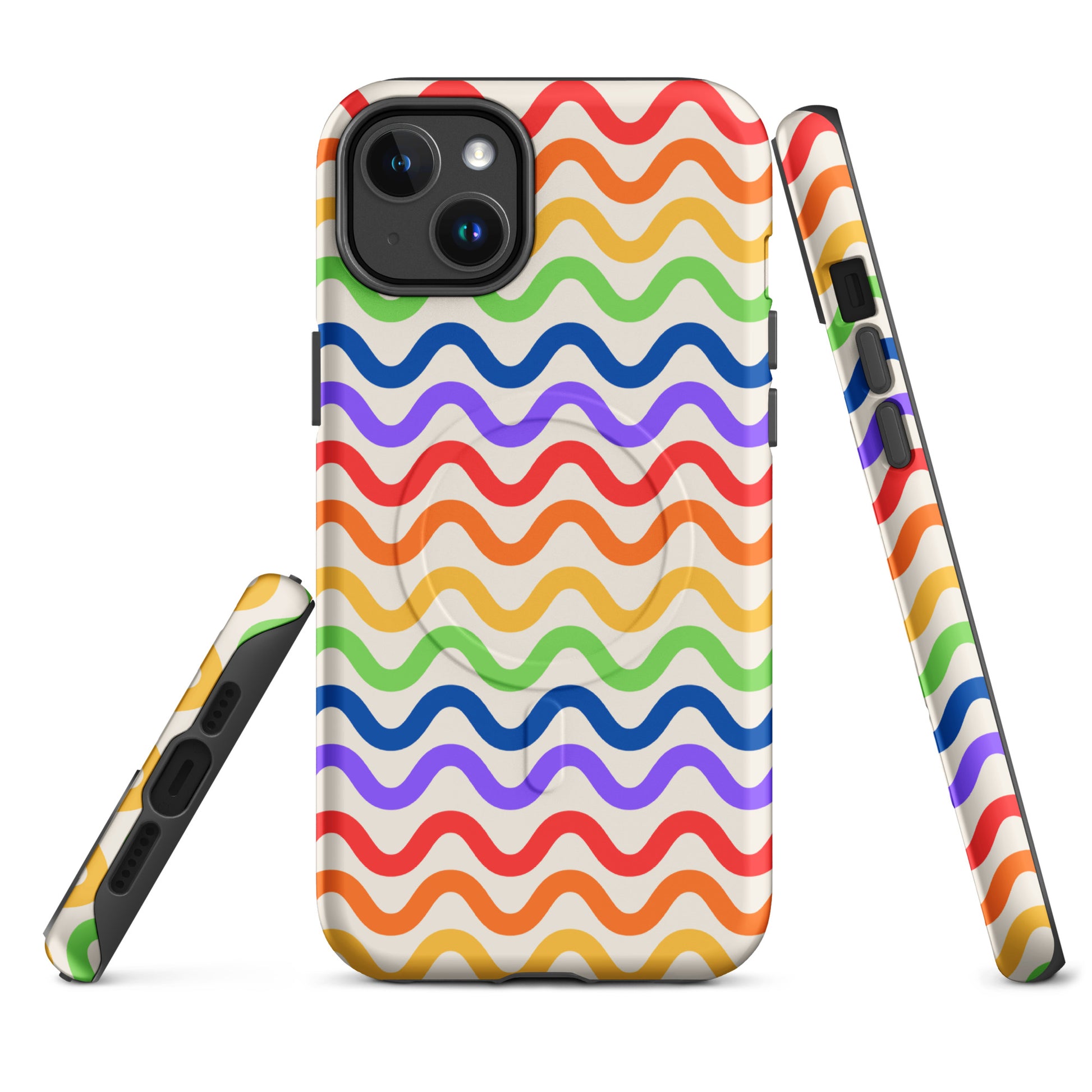 Magnetic Phone Case for iPhone with wavy rainbow pattern in vibrant colors, offering stylish protection featuring smooth, colorful grooves.