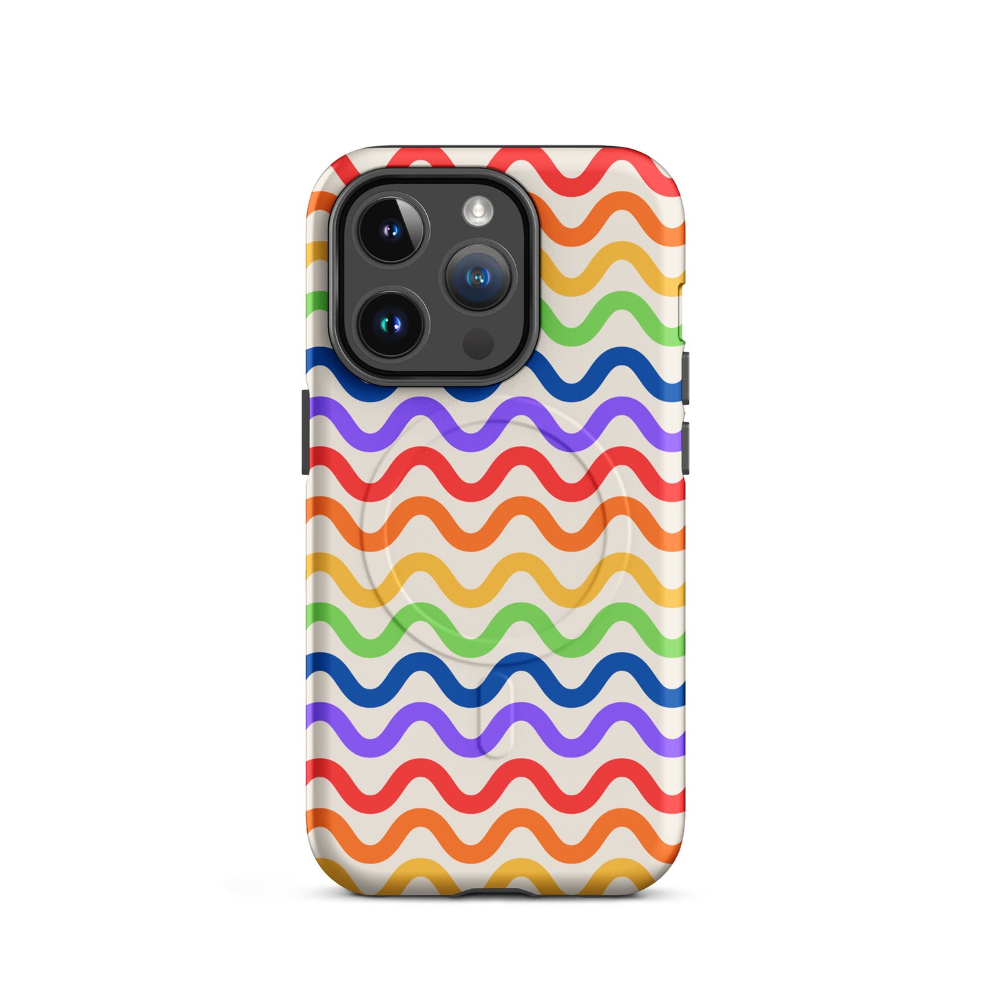 Magnetic Phone Case for iPhone with vibrant rainbow wavy pattern providing stylish protection.