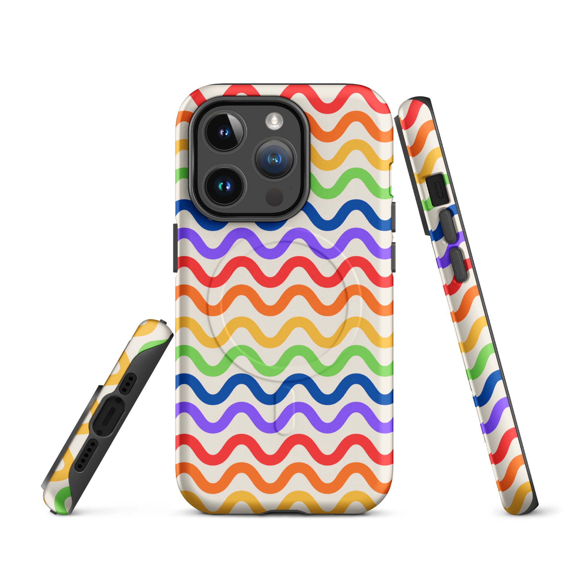 Magnetic Phone Case with wavy rainbow design for iPhone, featuring vibrant purple, red, orange, yellow, green, and blue on white