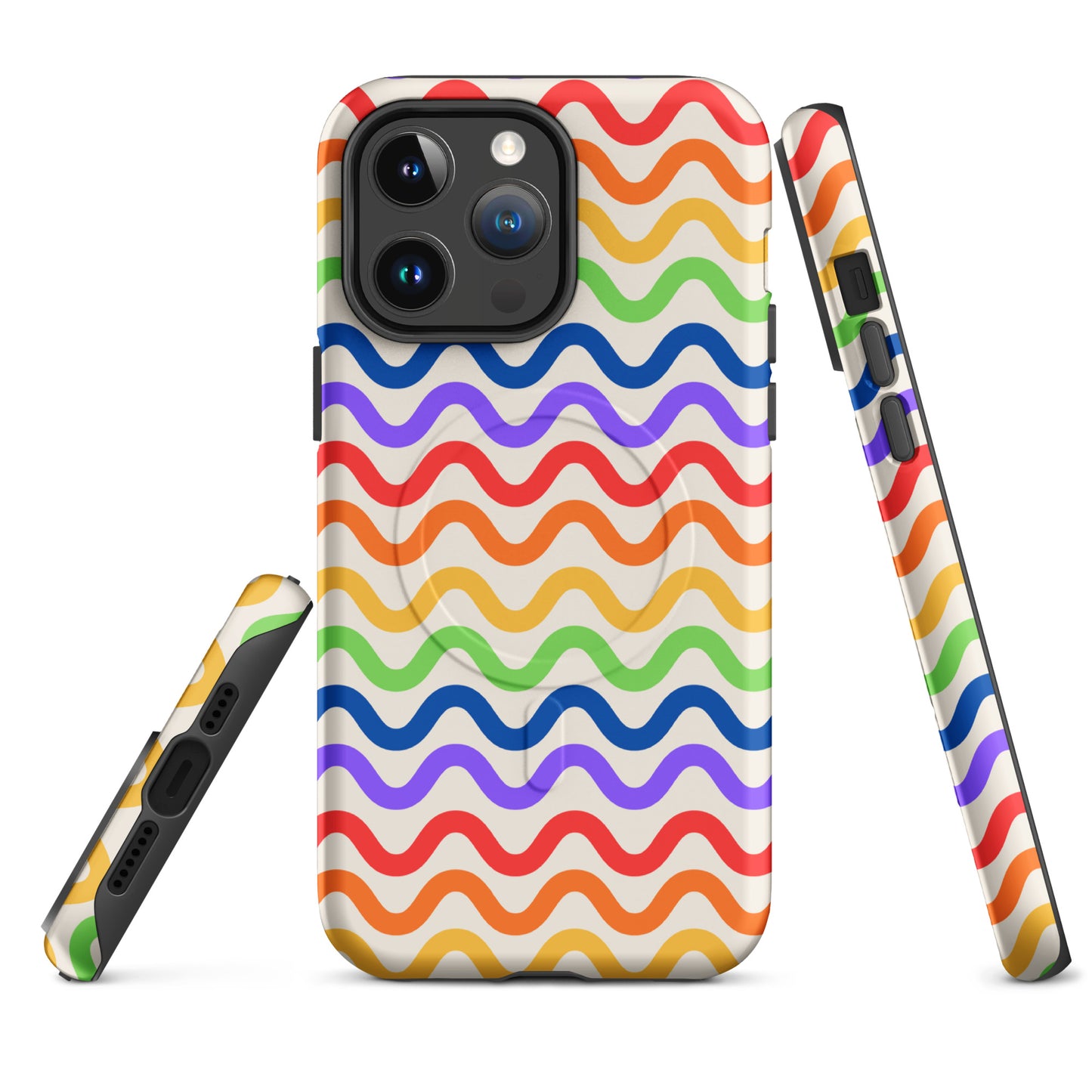 Magnetic Phone Case for iPhone with wavy rainbow grooves on white background, featuring vibrant colors for playful protection.