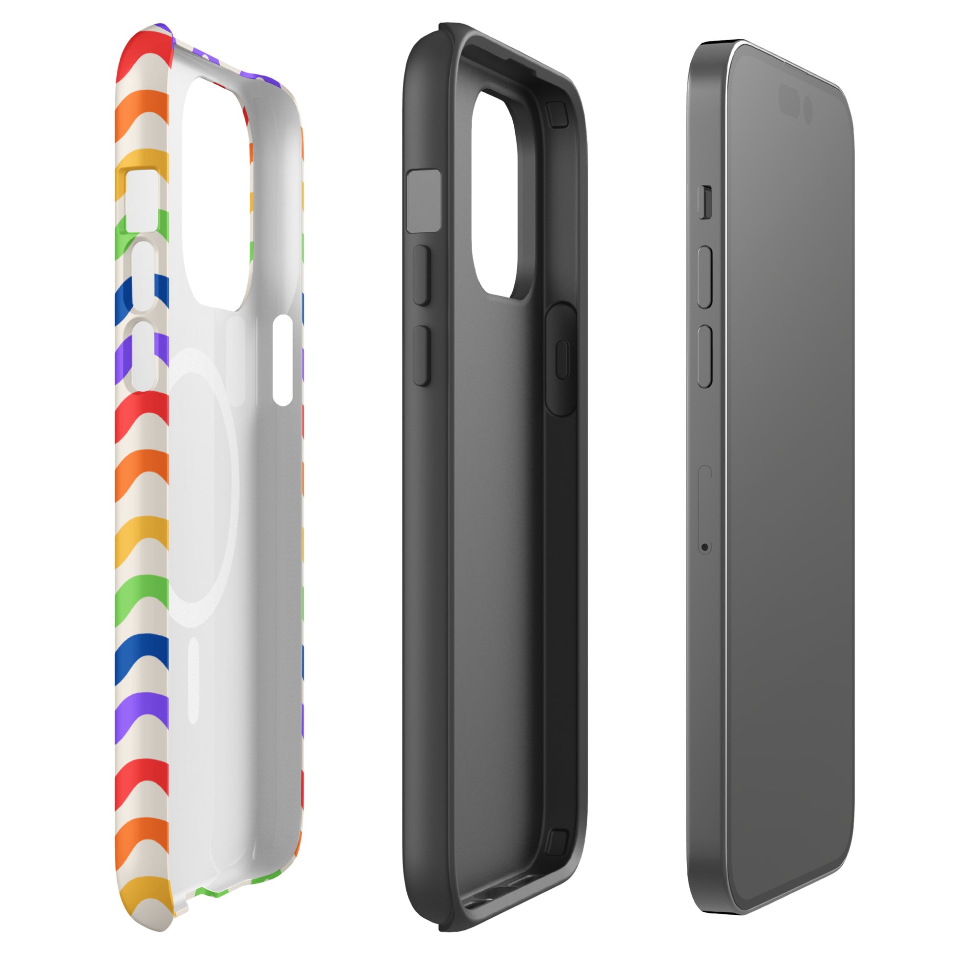 Magnetic Phone Case with wavy rainbow pattern for iPhone, vibrant colors on a protective case shown in side view, three parts displayed.