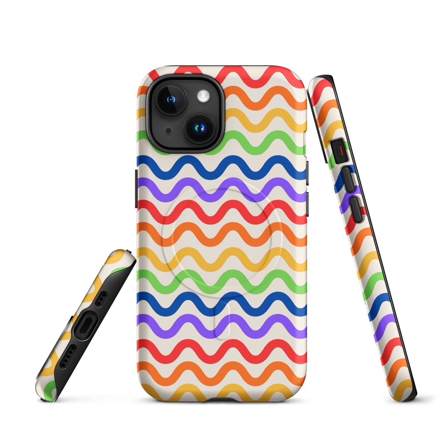 Magnetic Phone Case with wavy rainbow design for iPhone, featuring colorful lines in purple, red, orange, yellow, green, and blue.