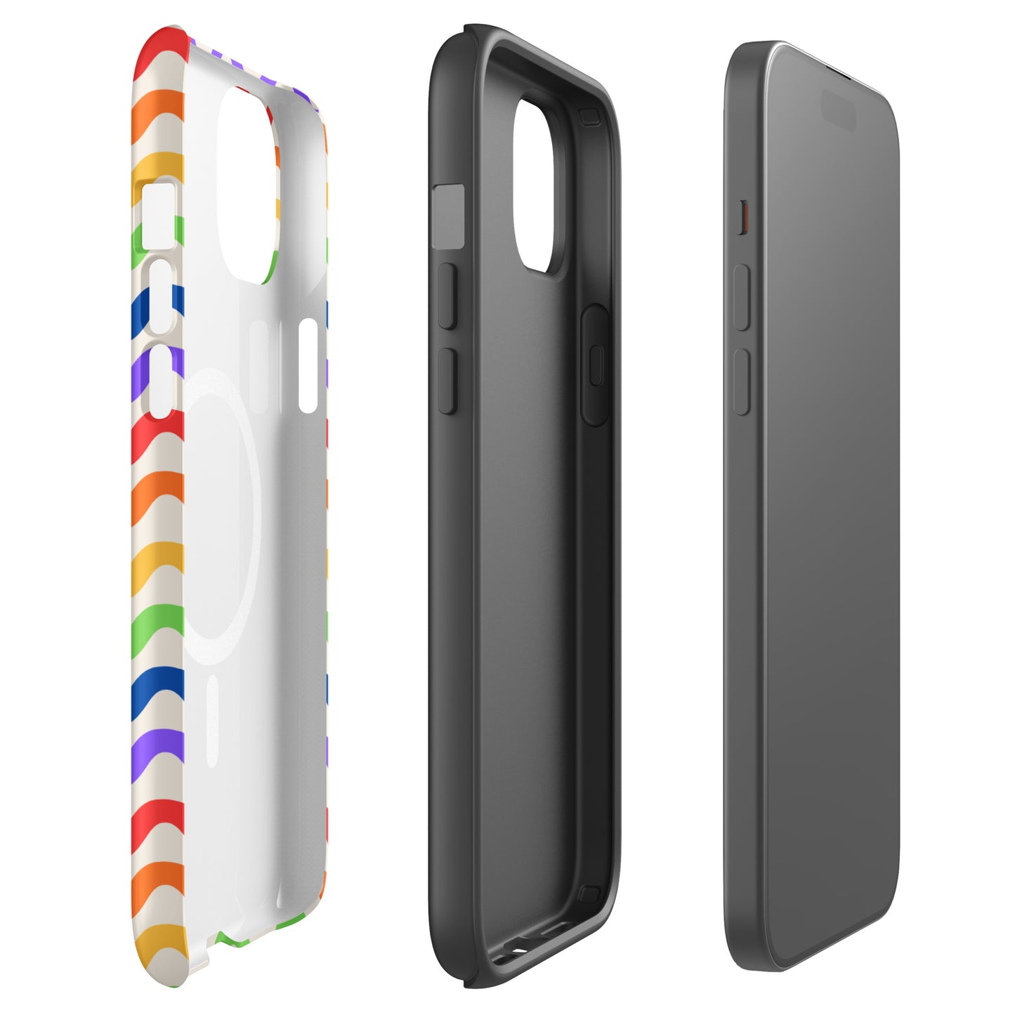 Magnetic Phone Case with wavy rainbow pattern for iPhone, showcasing colorful design and durable protection.