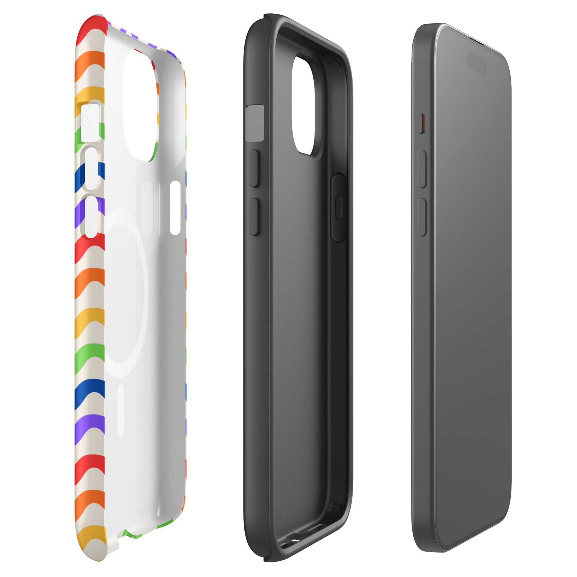 Magnetic Phone Case with wavy rainbow pattern for iPhone, showcasing colorful design and durable protection.