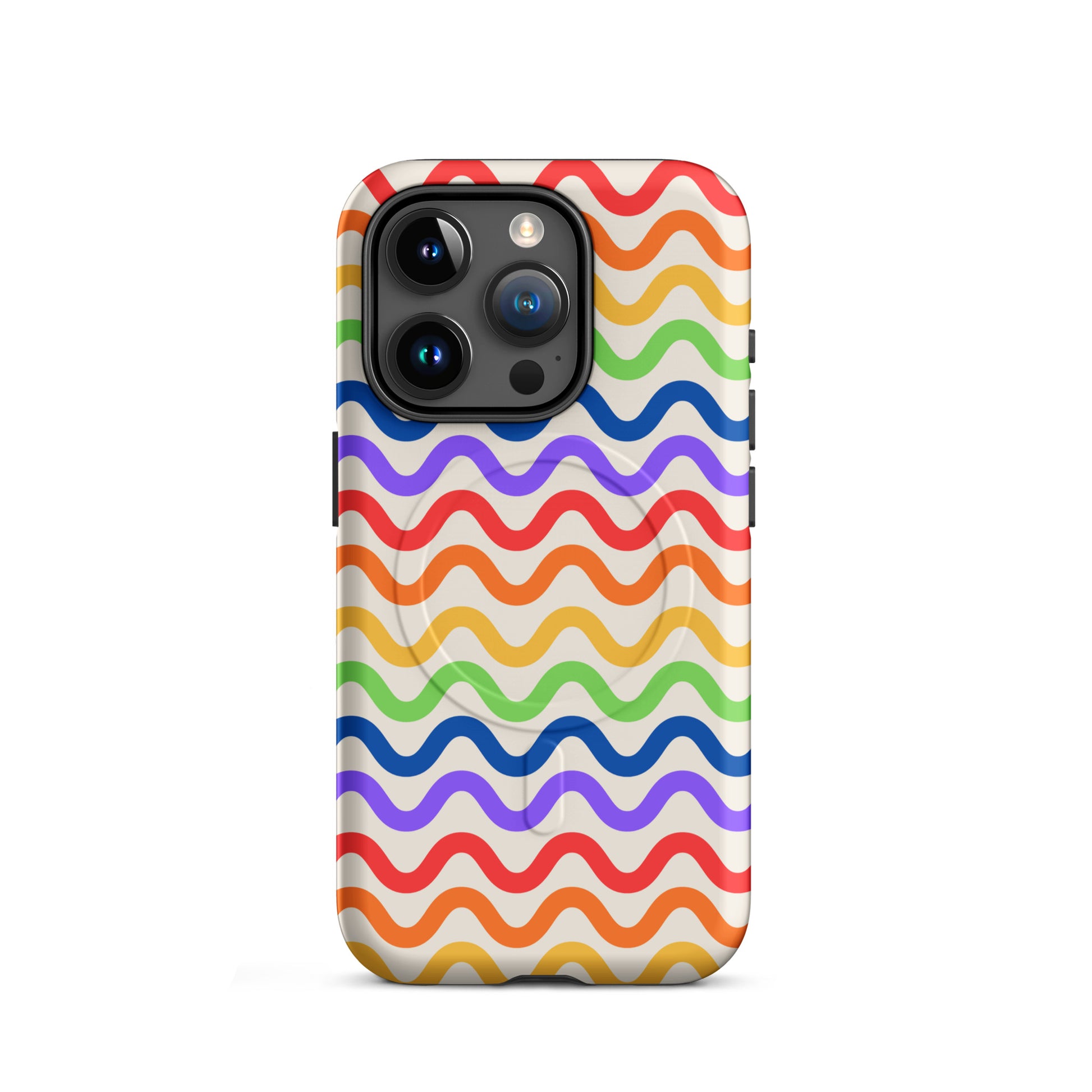 Magnetic Phone Case for iPhone with wavy rainbow groove design on white background, featuring purple, red, orange, yellow, green, blue lines.