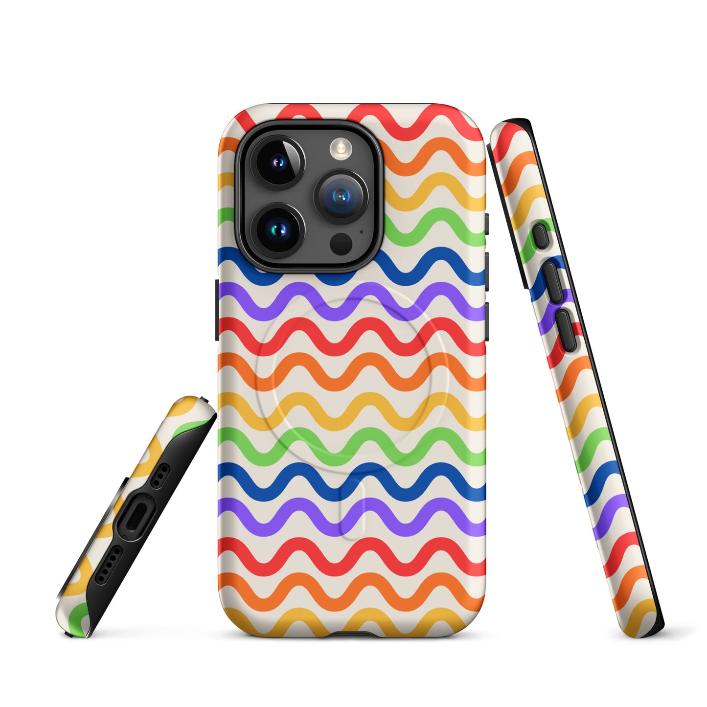 Magnetic Phone Case with wavy rainbow groove design for iPhone, featuring vibrant colors on a white background.