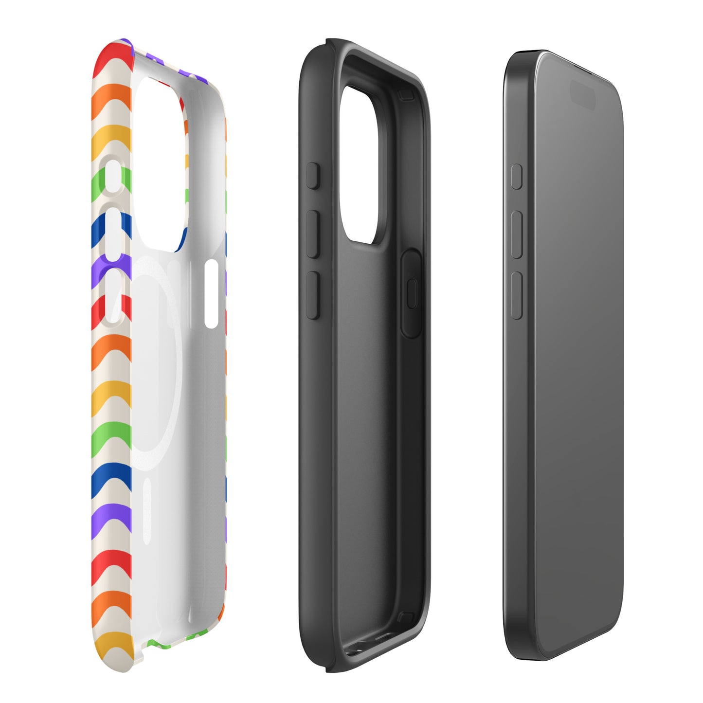 Magnetic Phone Case for iPhone with wavy rainbow design shown in three sections