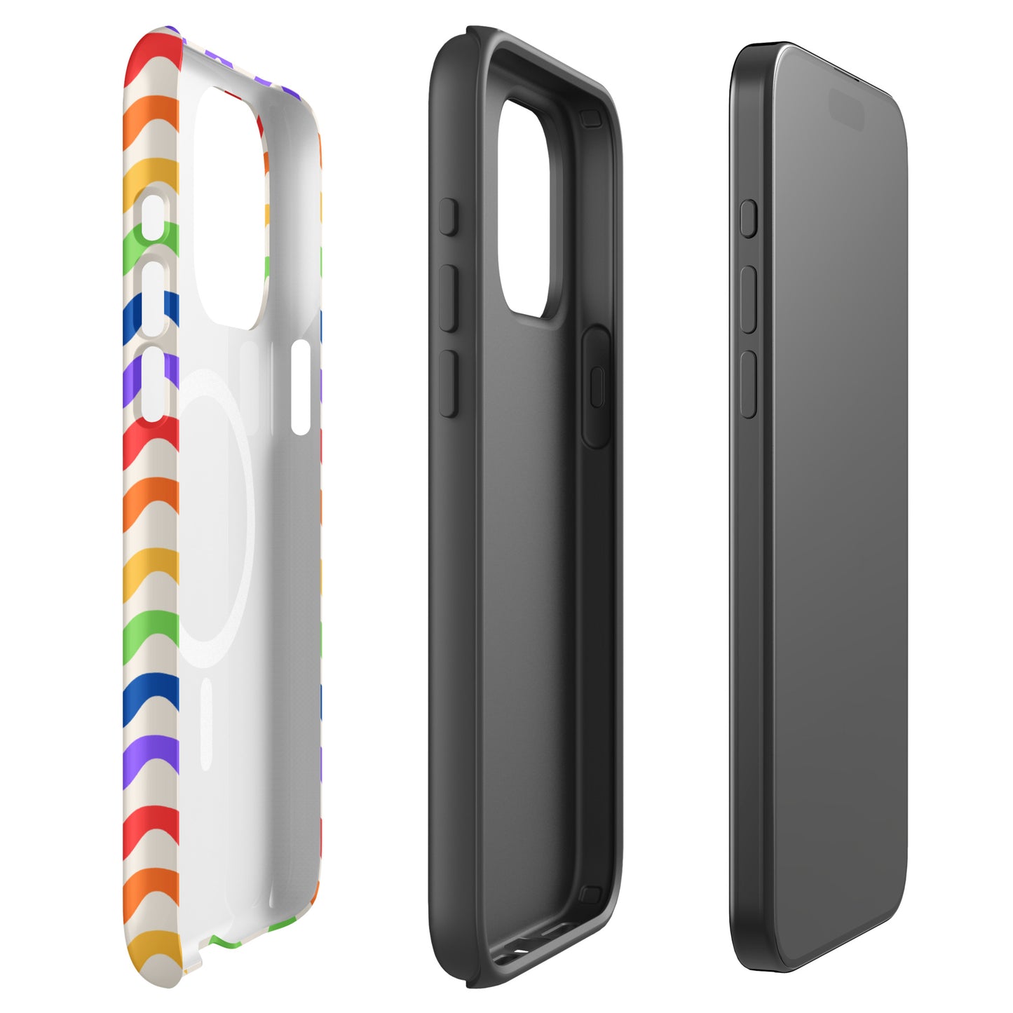 Magnetic Phone Case for iPhone with wavy rainbow pattern, showcasing vibrant colors and solid protection.