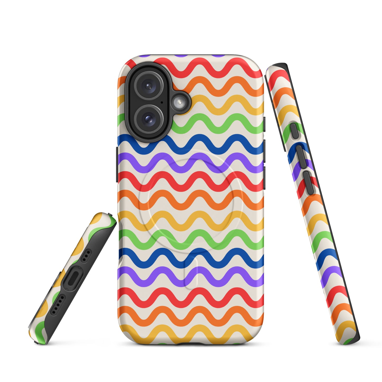 Magnetic Phone Case for iPhone with wavy rainbow pattern showcasing vibrant colors and strong magnetic protection.