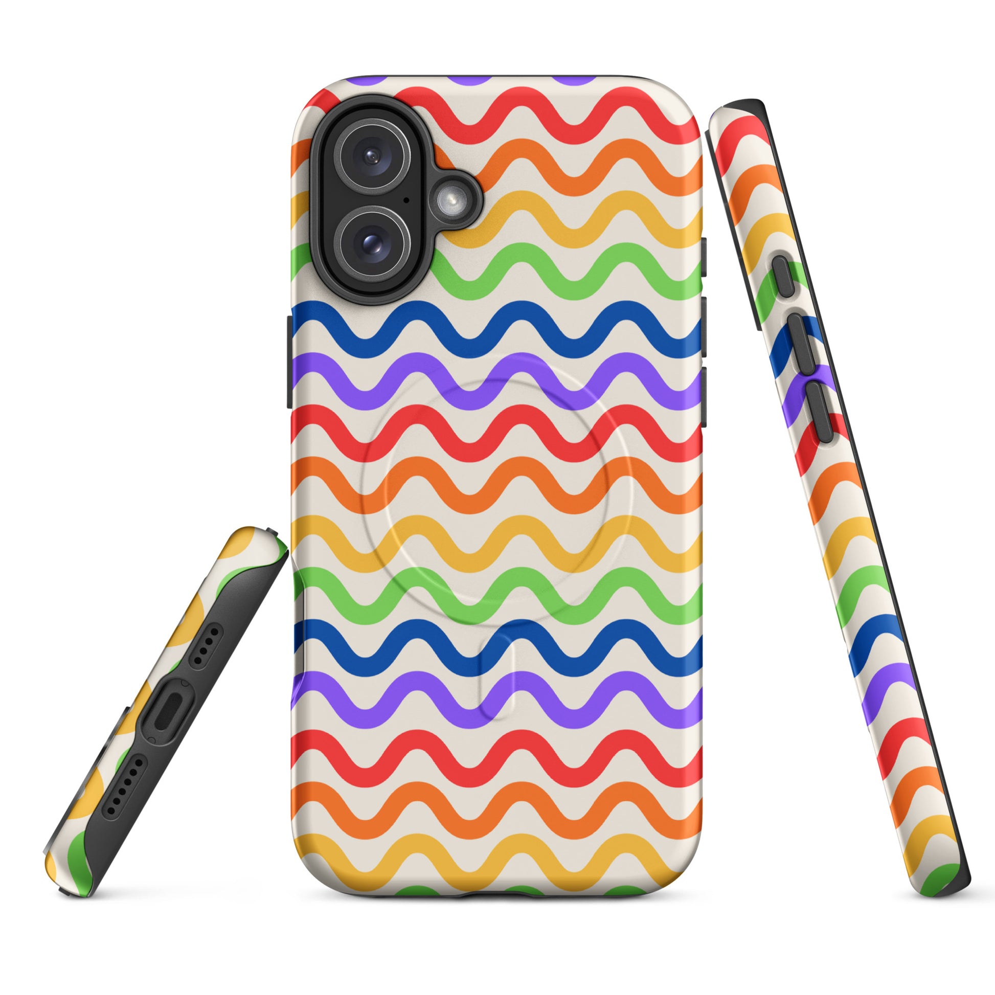 Magnetic Phone Case with wavy rainbow pattern for iPhone, featuring vibrant colors and strong protection.