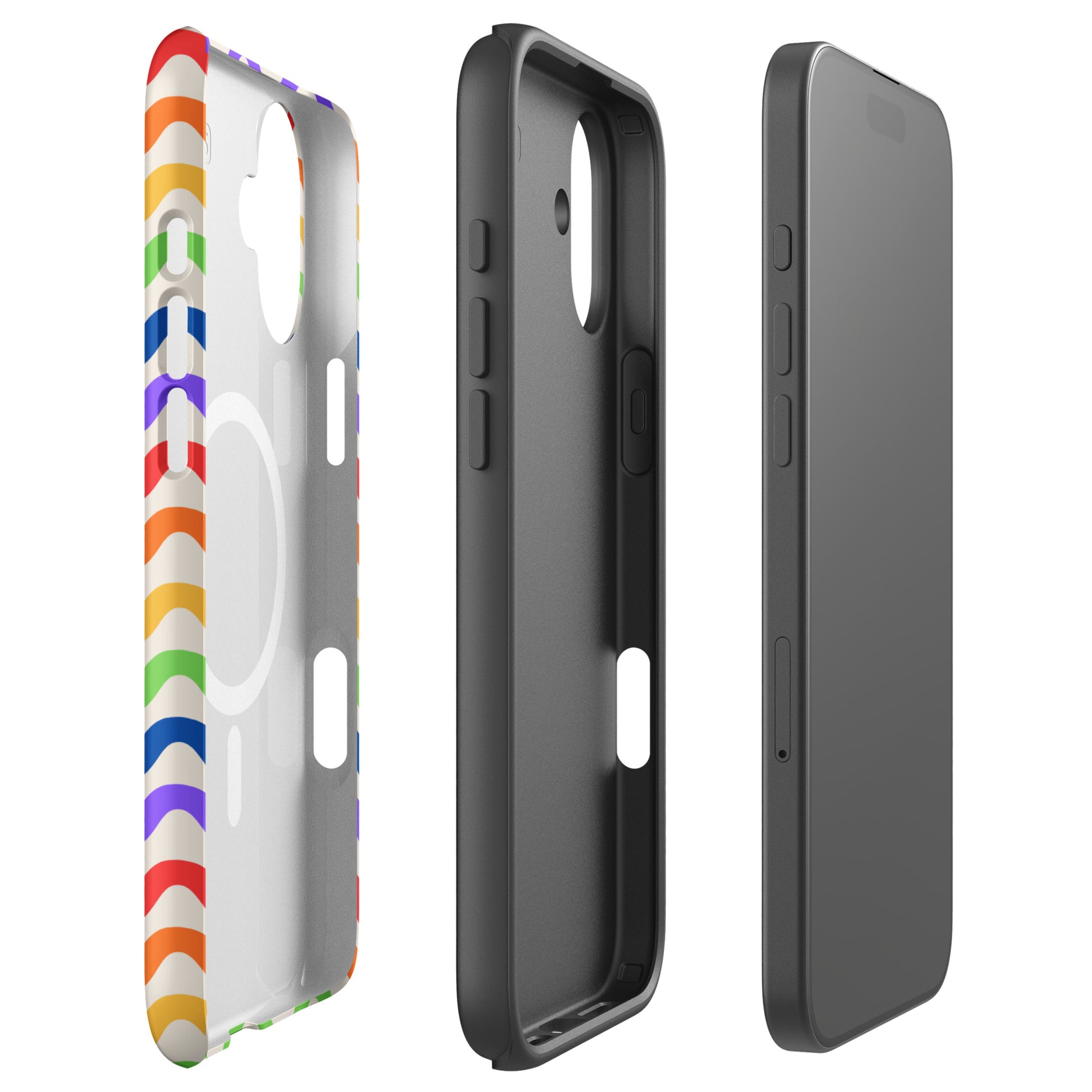 Magnetic Phone Case for iPhone with wavy rainbow design, offering vibrant style and protection.