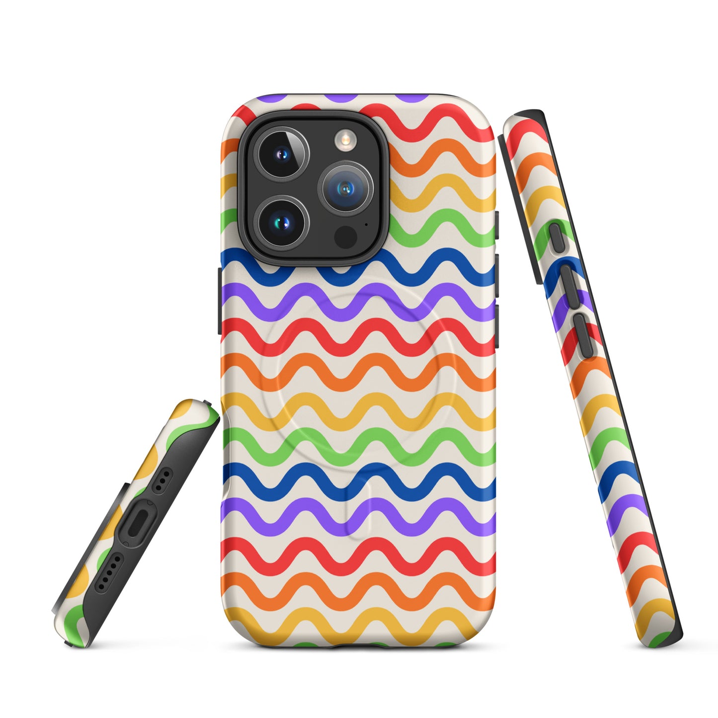 Magnetic Phone Case for iPhone with vibrant wavy rainbow pattern providing stylish protection.