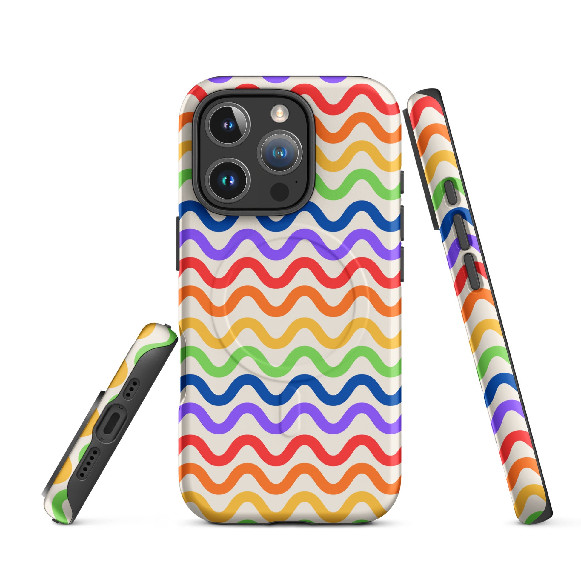 Magnetic Phone Case for iPhone with vibrant wavy rainbow pattern providing stylish protection.