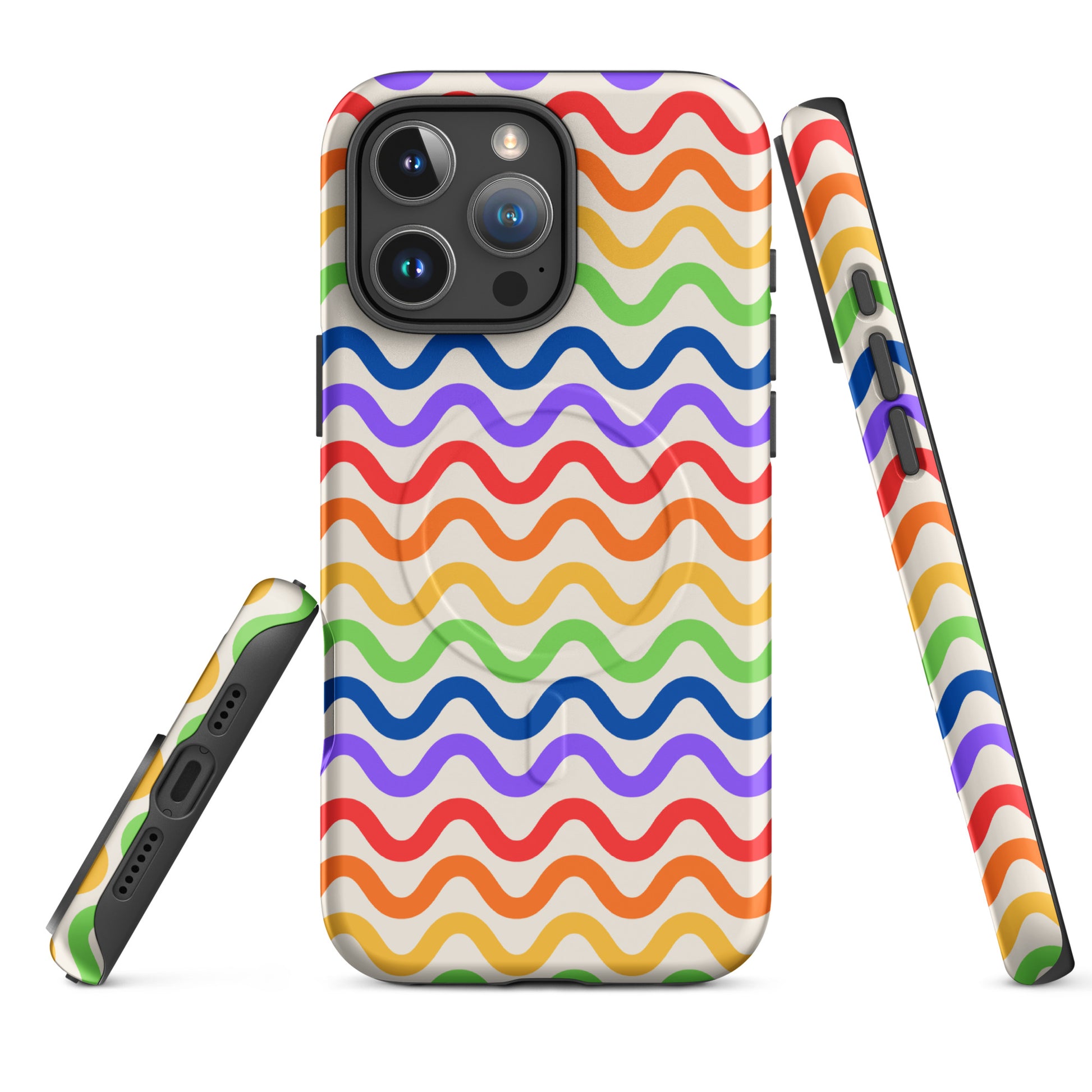 Magnetic Phone Case with wavy rainbow pattern for iPhone, featuring vibrant colors on a white background, providing protection.