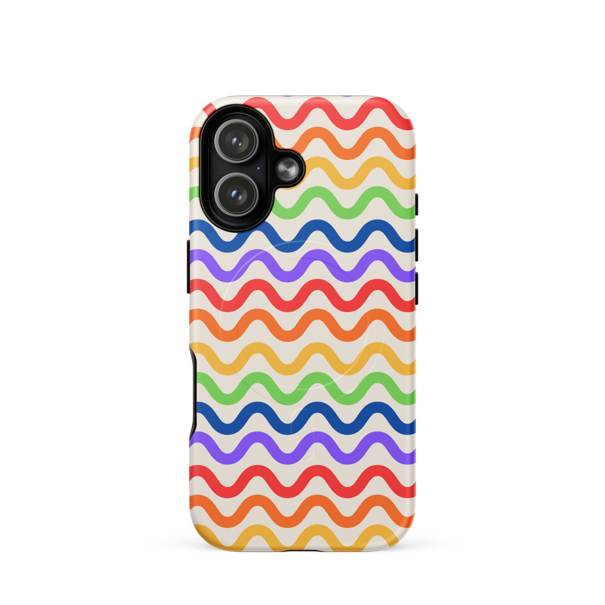 Magnetic Phone Case with wavy rainbow grooves for iPhone in purple, red, orange, yellow, green, and blue on a white backdrop.