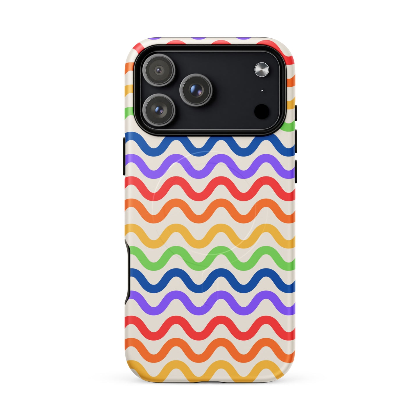 Magnetic Phone Case with wavy rainbow design for iPhone, featuring vibrant wavy lines in purple, red, orange, yellow, green, and blue.