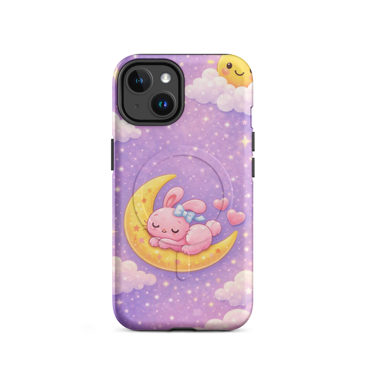 Magnetic Phone Case with cute pink bunny on crescent moon design for iPhone, charming and cozy celestial theme.