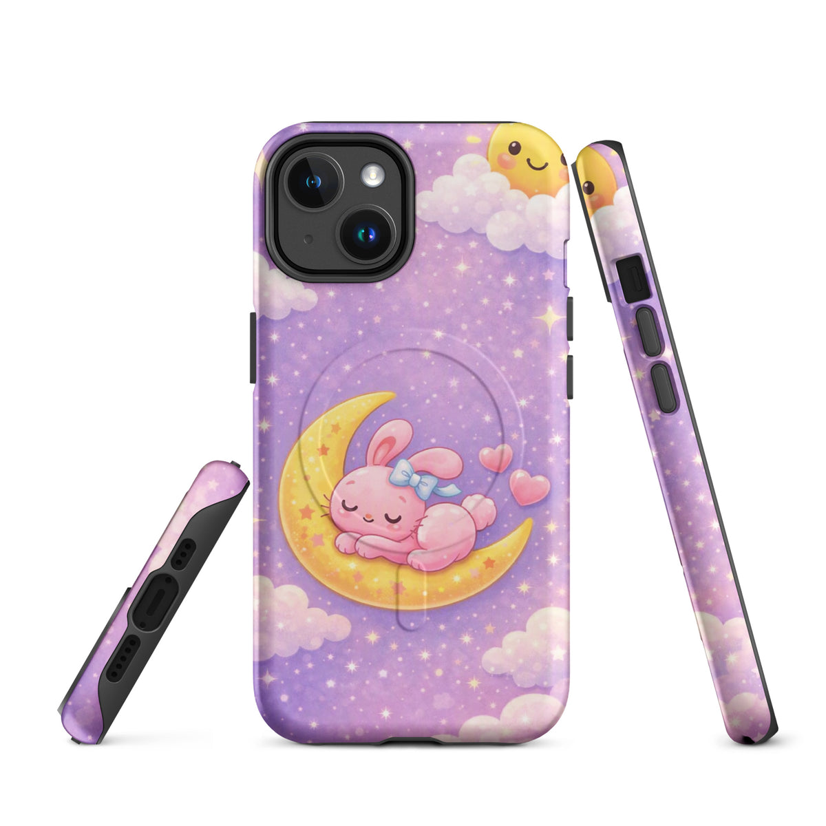 Magnetic Phone Case with dreamy bunny moon design for iPhone, featuring cozy celestial artwork with a pastel sky and sleeping pink bunny.