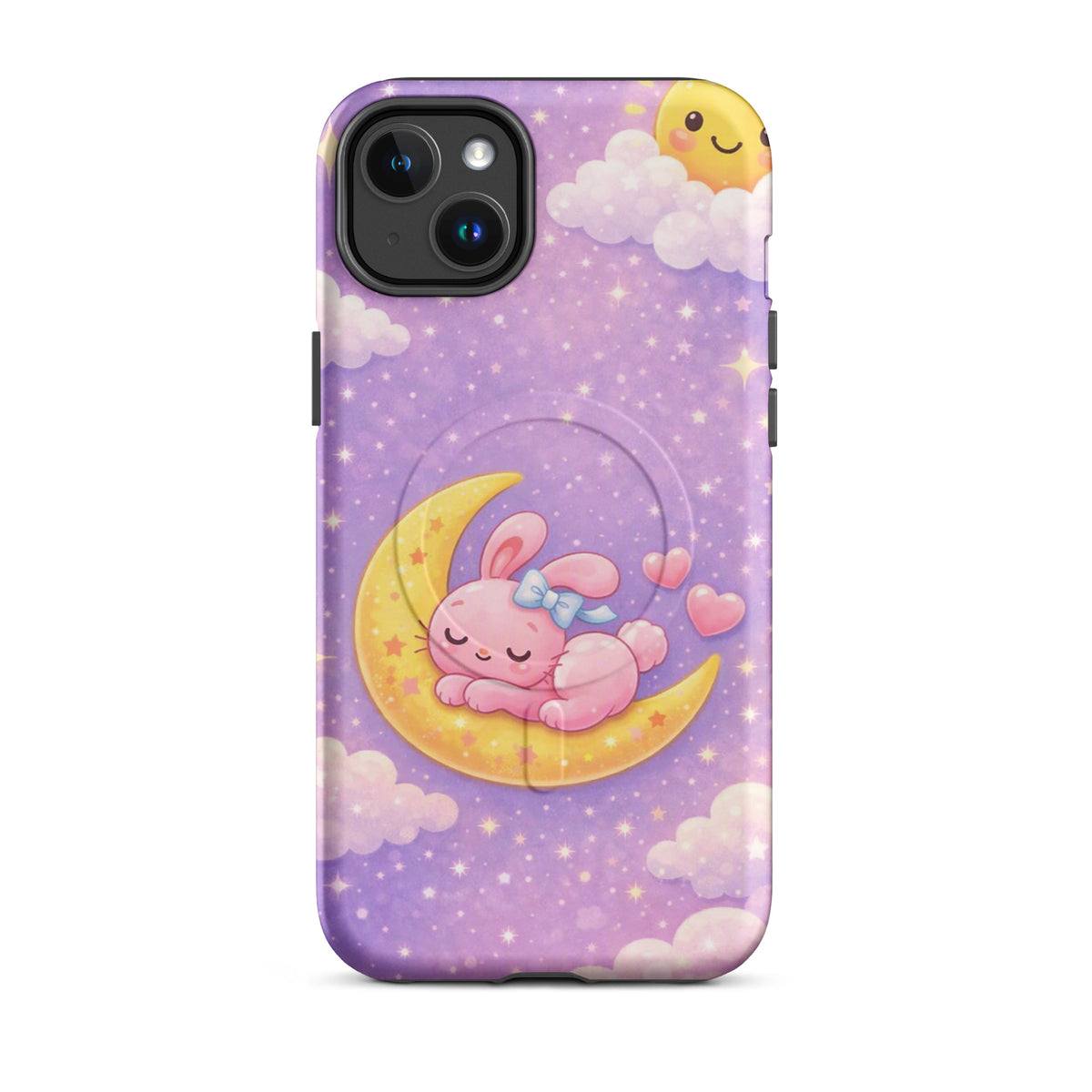 Magnetic Phone Case for iPhone with cute bunny snoozing on a crescent moon design, pastel sky background.