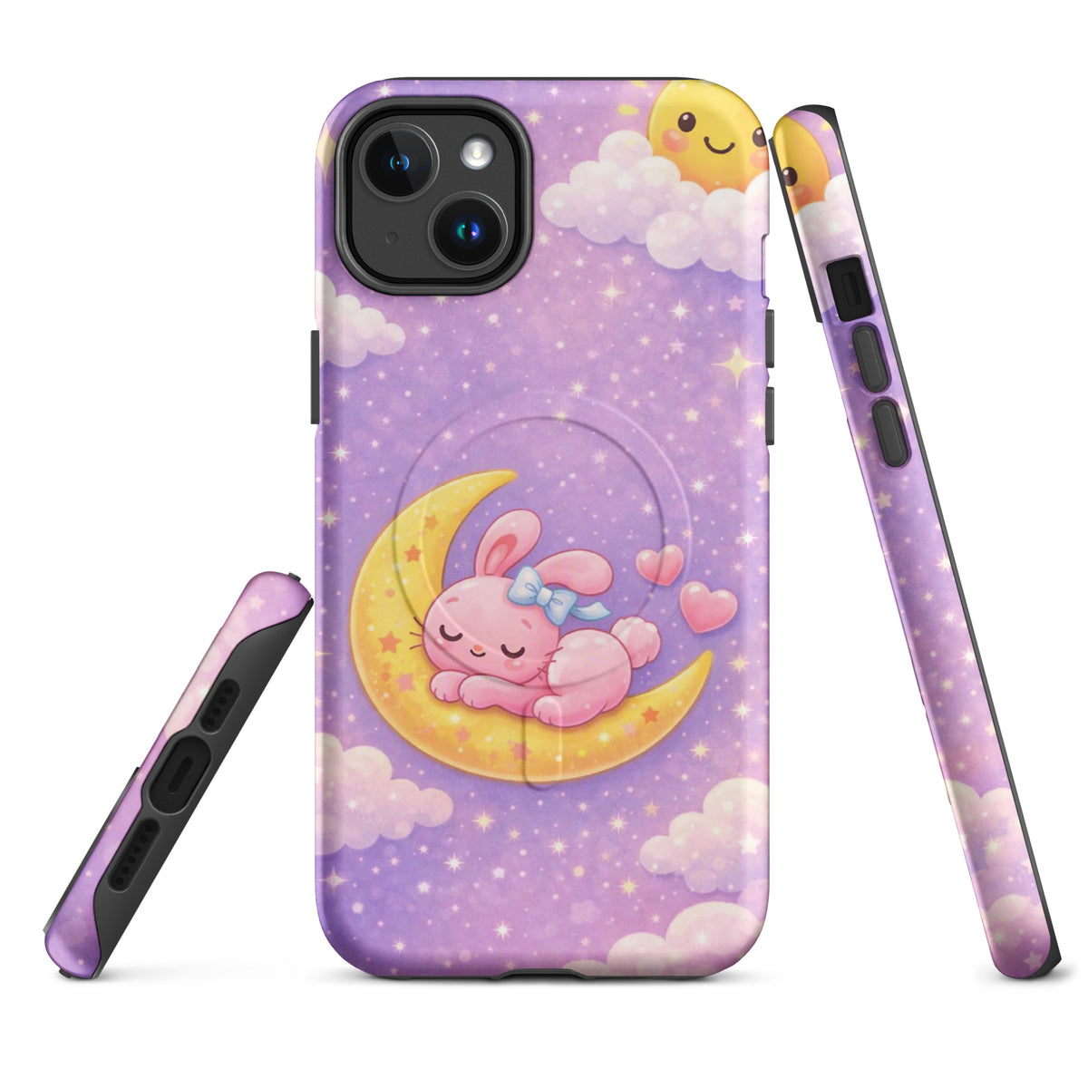 Magnetic Phone Case with dreamy bunny on crescent moon design, perfect for iPhone, cozy, celestial protection.