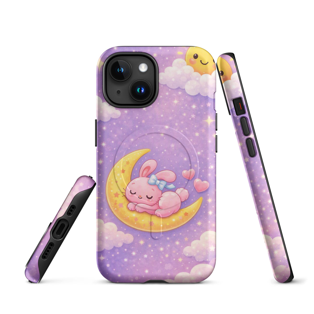 Magnetic Phone Case for iPhone with dreamy bunny snoozing on a crescent moon design, featuring a pastel nighttime sky.