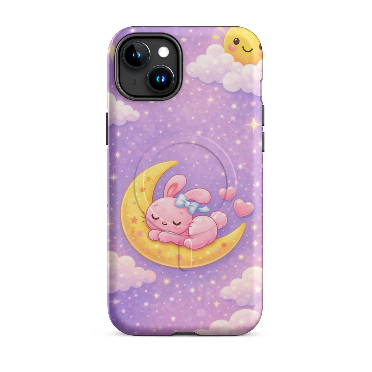 Magnetic Phone Case with dreamy bunny snoozing on crescent moon, purple sky with clouds; cute and cozy design for iPhone protection