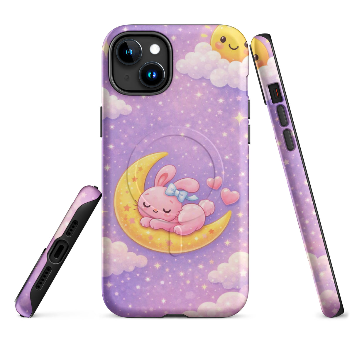 Magnetic Phone Case for iPhone with dreamy bunny moon design, featuring a pink bunny on a crescent moon against a pastel sky background.