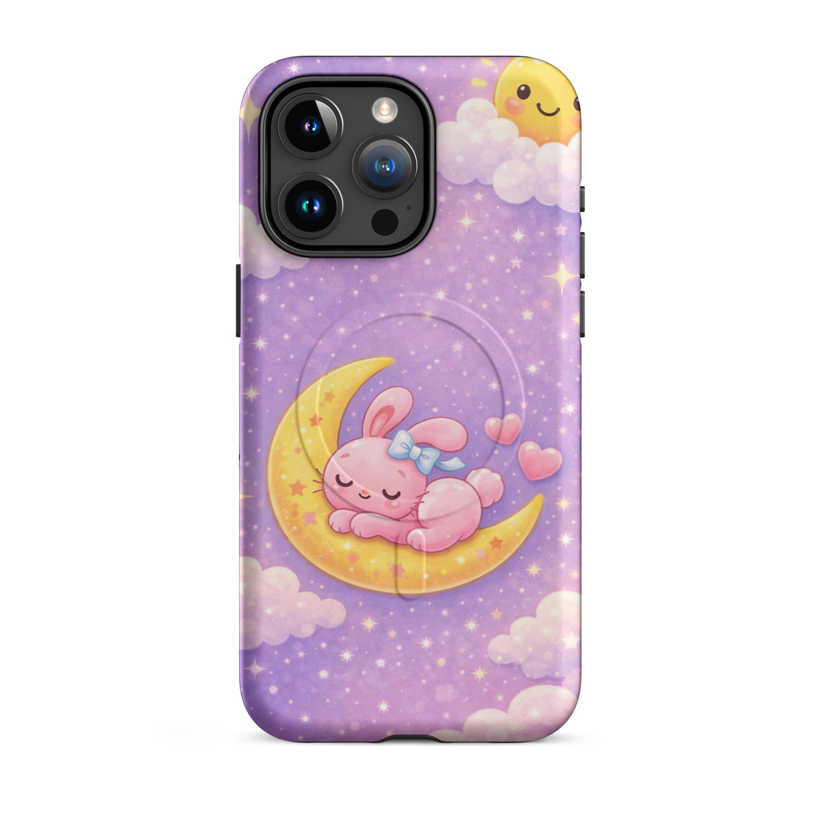 Magnetic Phone Case with cute bunny on crescent moon design, cozy and durable, iPhone fit.