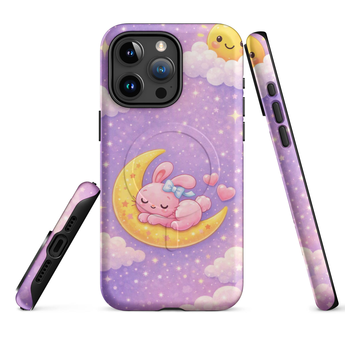 Magnetic Phone Case for iPhone with dreamy bunny on crescent moon design, pastel nighttime sky background, cozy and durable.