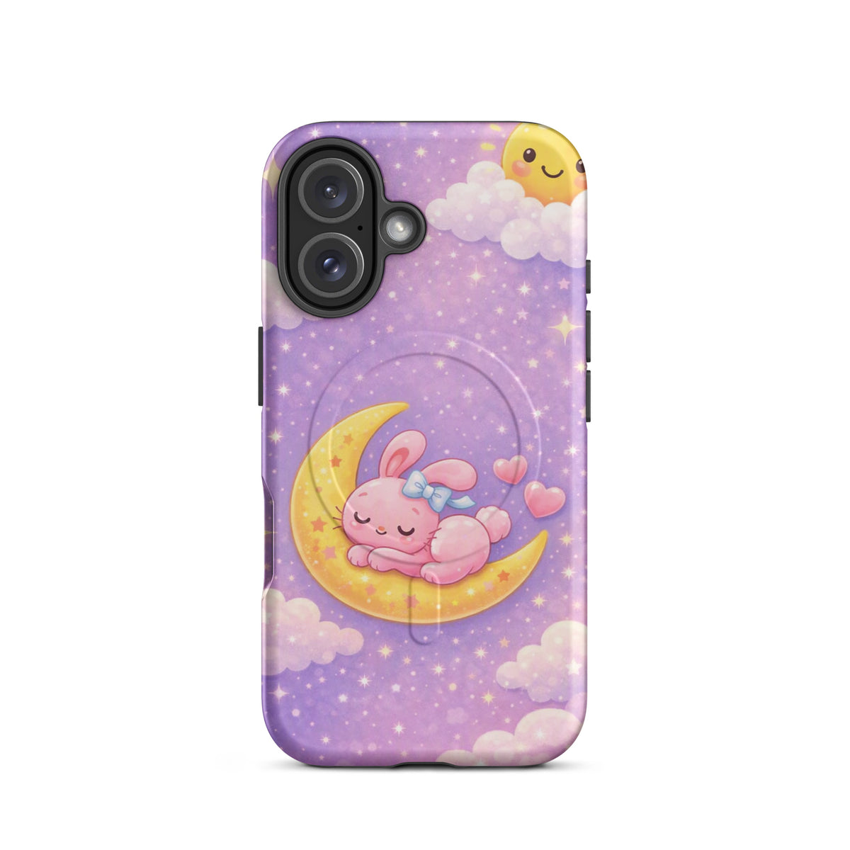 Magnetic Phone Case for iPhone with cute bunny moon design on a dreamy purple sky background, featuring celestial and cozy artwork.