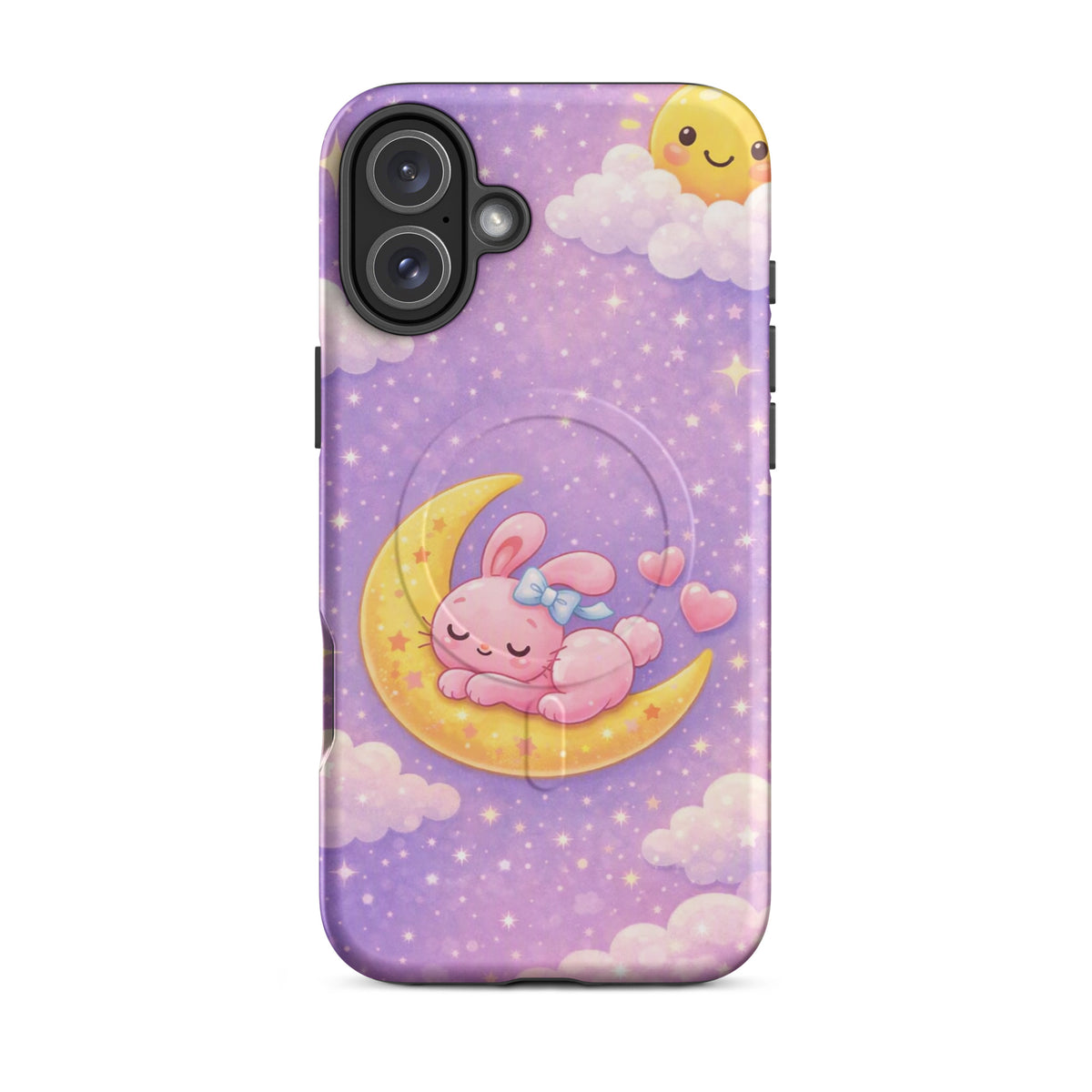 Magnetic Phone Case for iPhone with cute dreamy bunny on crescent moon design, pastel sky background, cozy and durable protection.