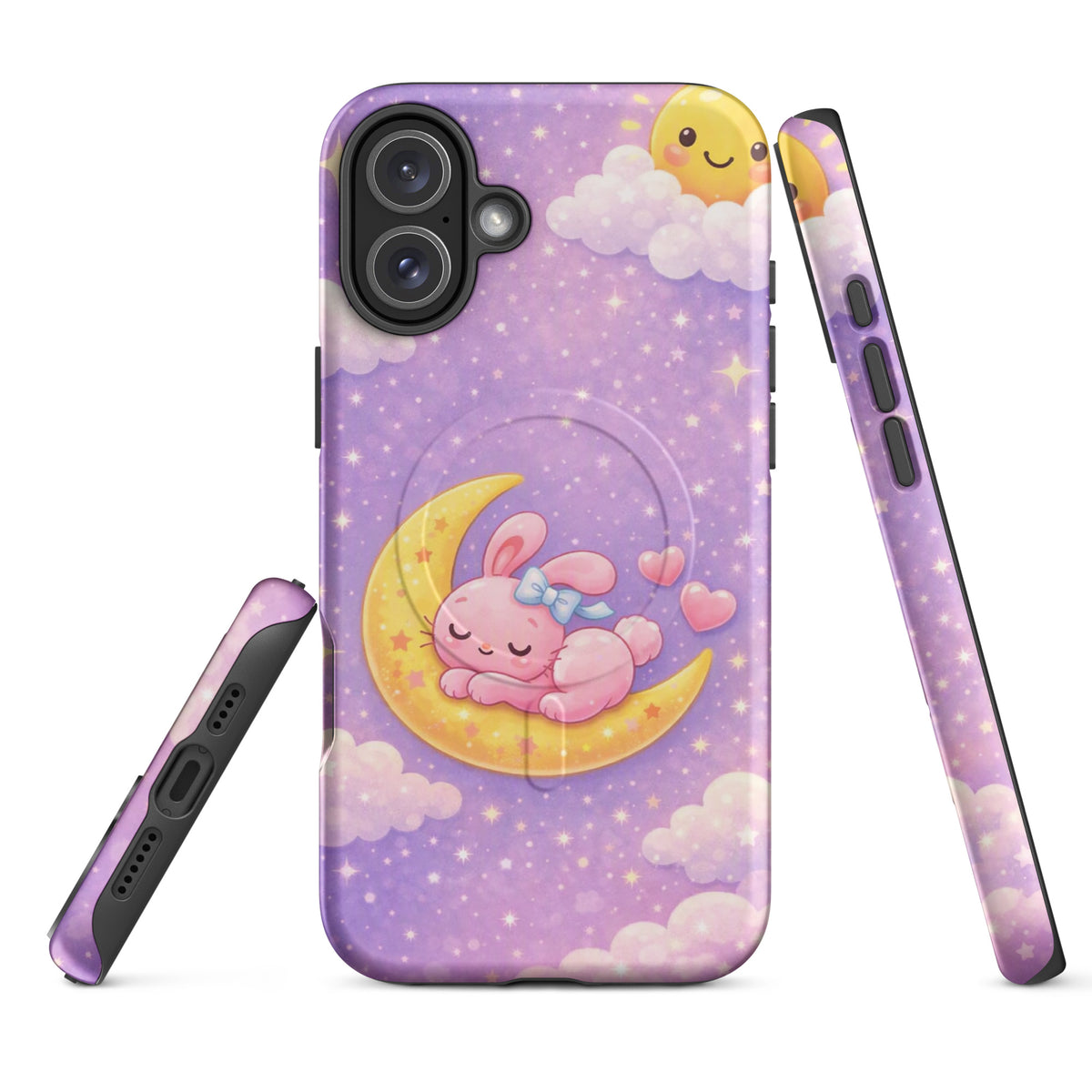 Magnetic Phone Case with cute bunny on crescent moon design, showcases dreamy celestial artwork for iPhone.