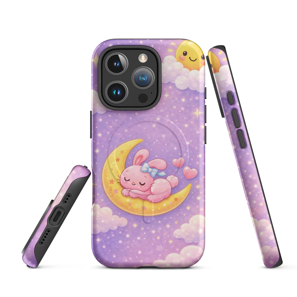 Magnetic Phone Case for iPhone featuring dreamy bunny moon design, protective and charming celestial artwork with a pink bunny on a crescent moon.