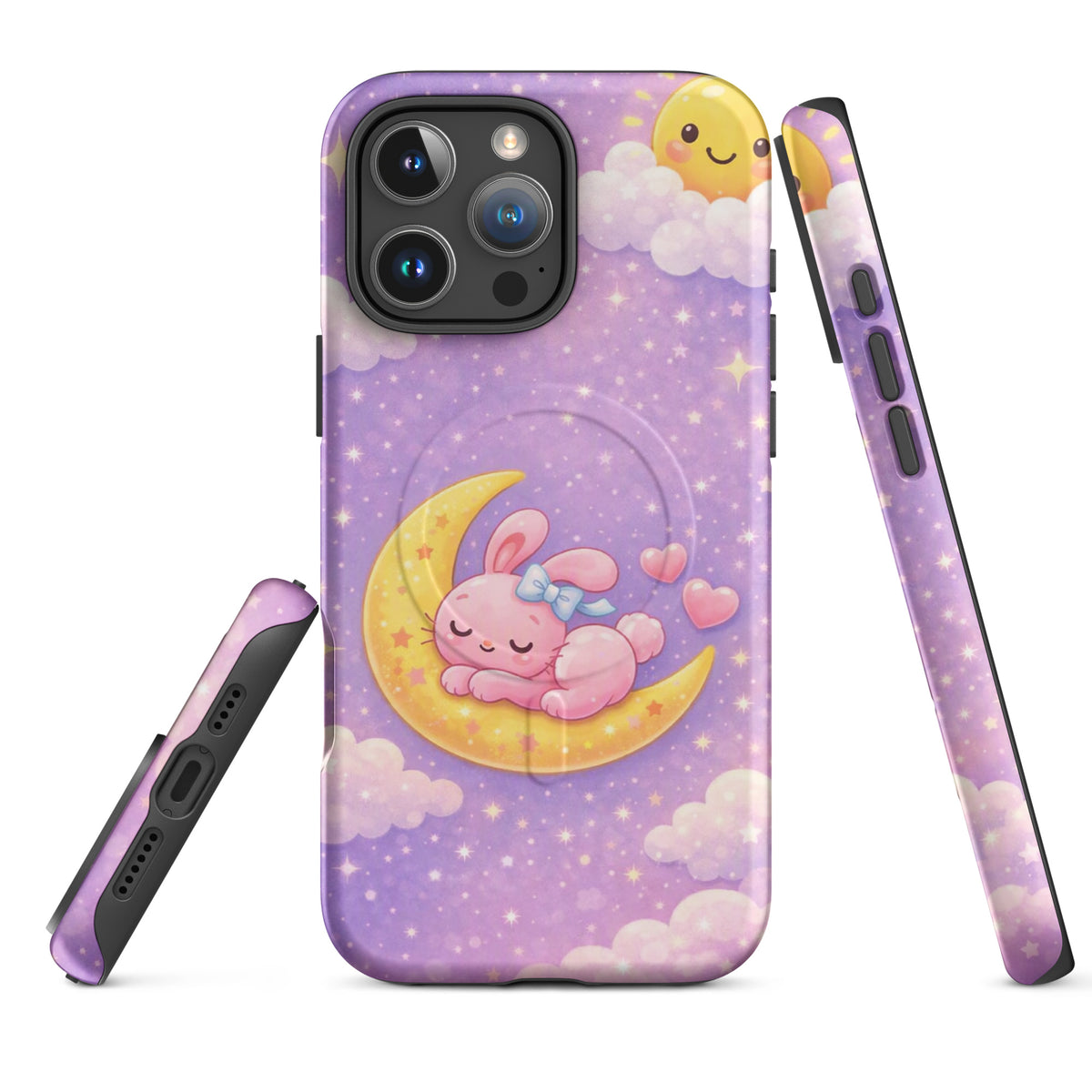 Magnetic Phone Case with dreamy bunny on crescent moon design for iPhone; celestial pastel style; protective and cute.