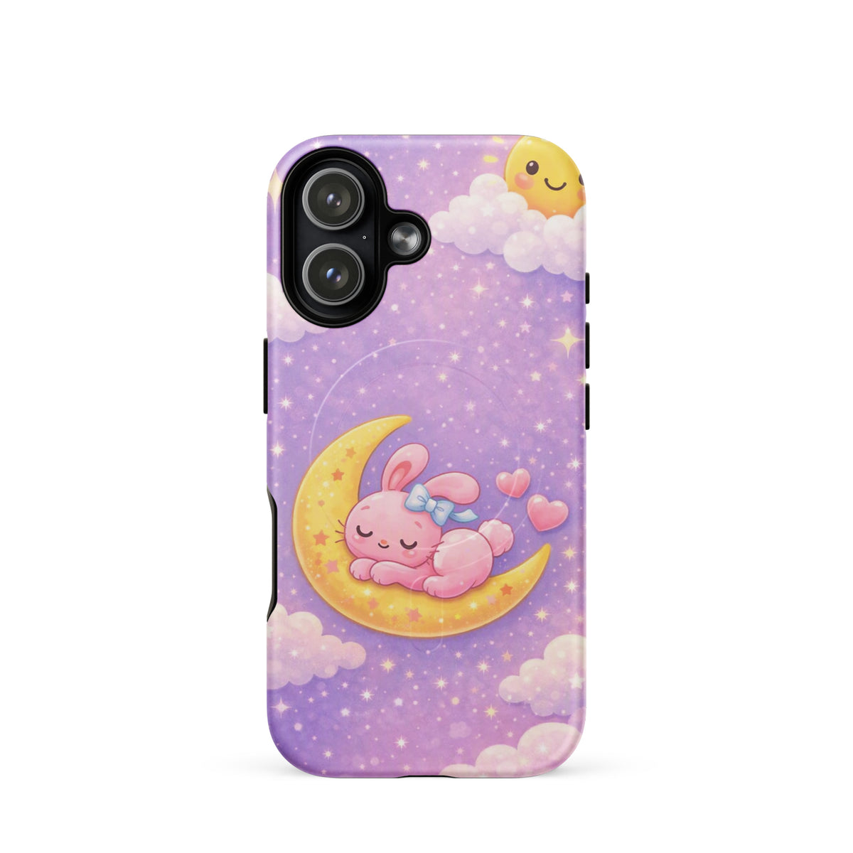 Magnetic Phone Case with dreamy bunny moon design; pastel sky with sleepy bunny on crescent moon.