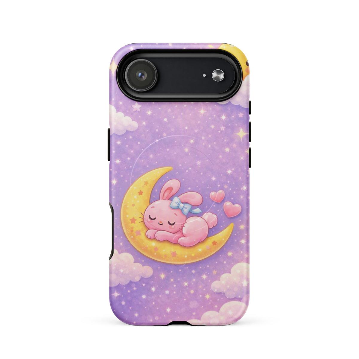 Magnetic Phone Case for iPhone with dreamy bunny moon design in pastel colors, featuring a sleeping pink bunny on a crescent moon.