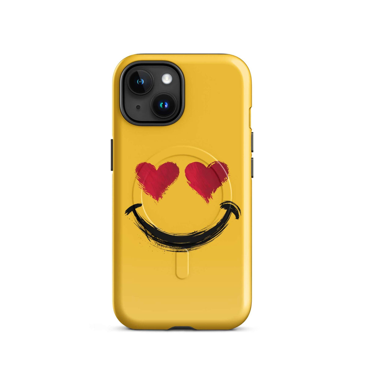 Magnetic Phone Case with heart-eyes smiley art, vibrant yellow iPhone cover showcasing bold, playful style.