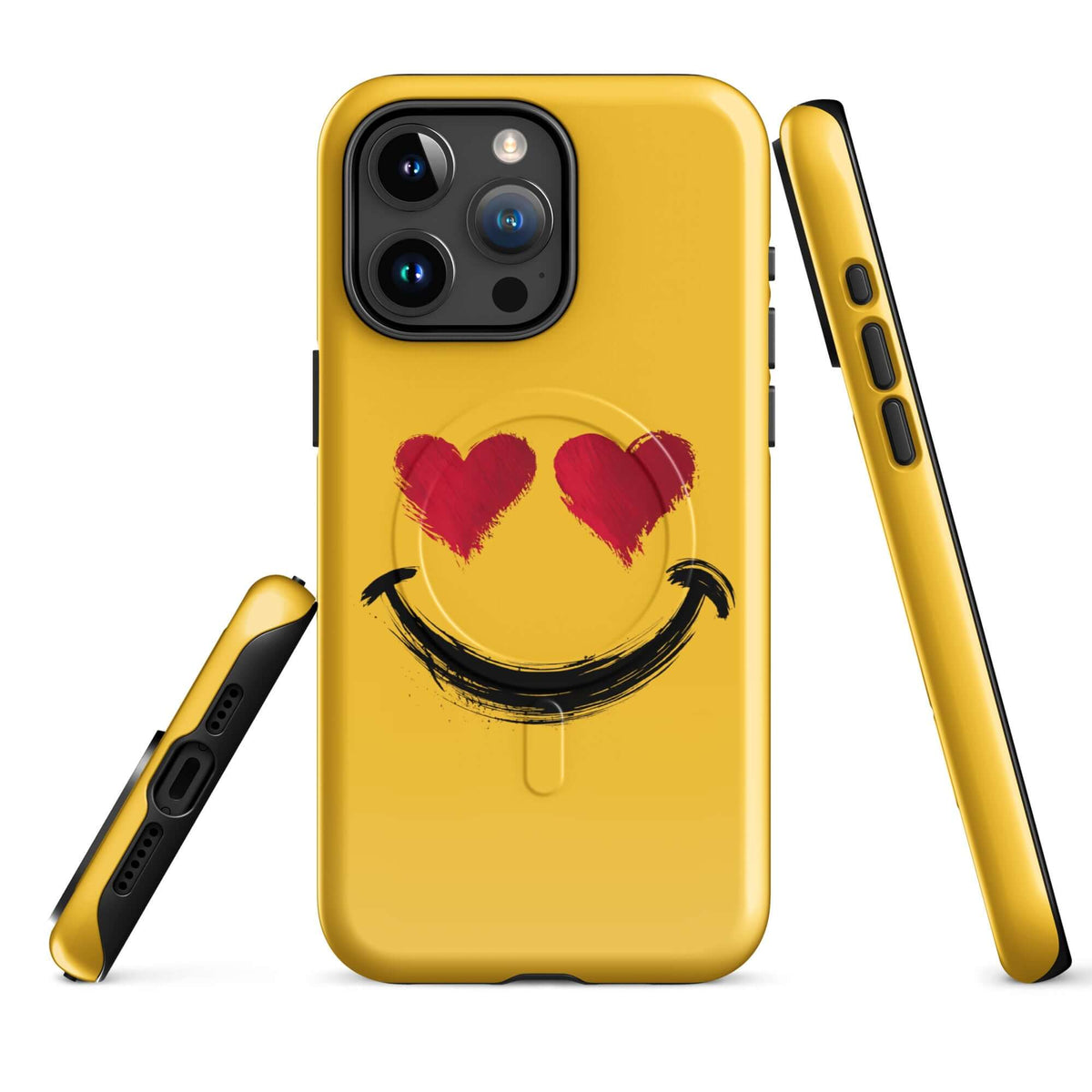 Magnetic Phone Case with heart-eyes smiley art for bold style, vibrant yellow design, fits iPhone, premium protection and playful energy