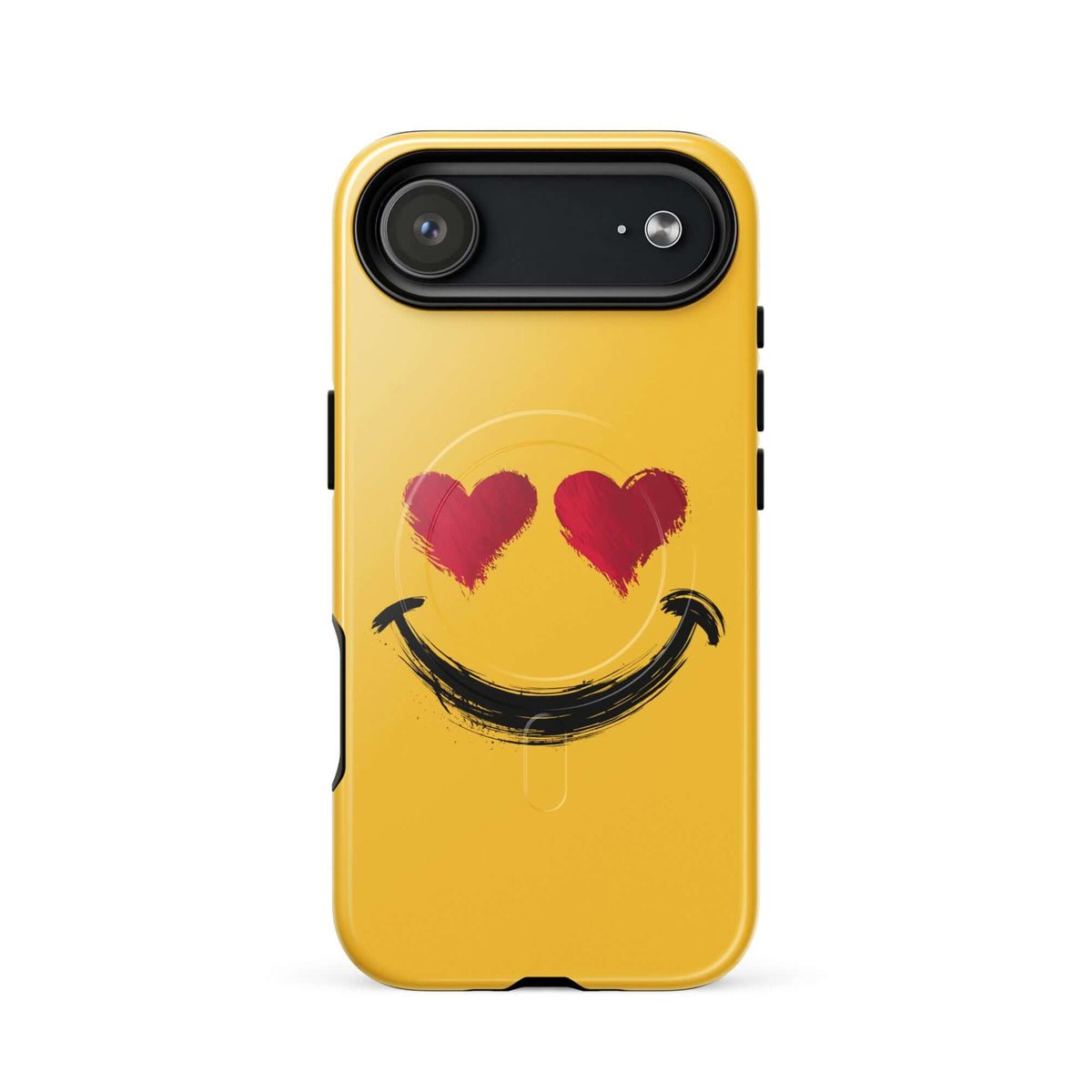 Magnetic Phone Case with heart-eyes smiley art for iPhone in bold style, vibrant yellow design, premium luxury accessory.